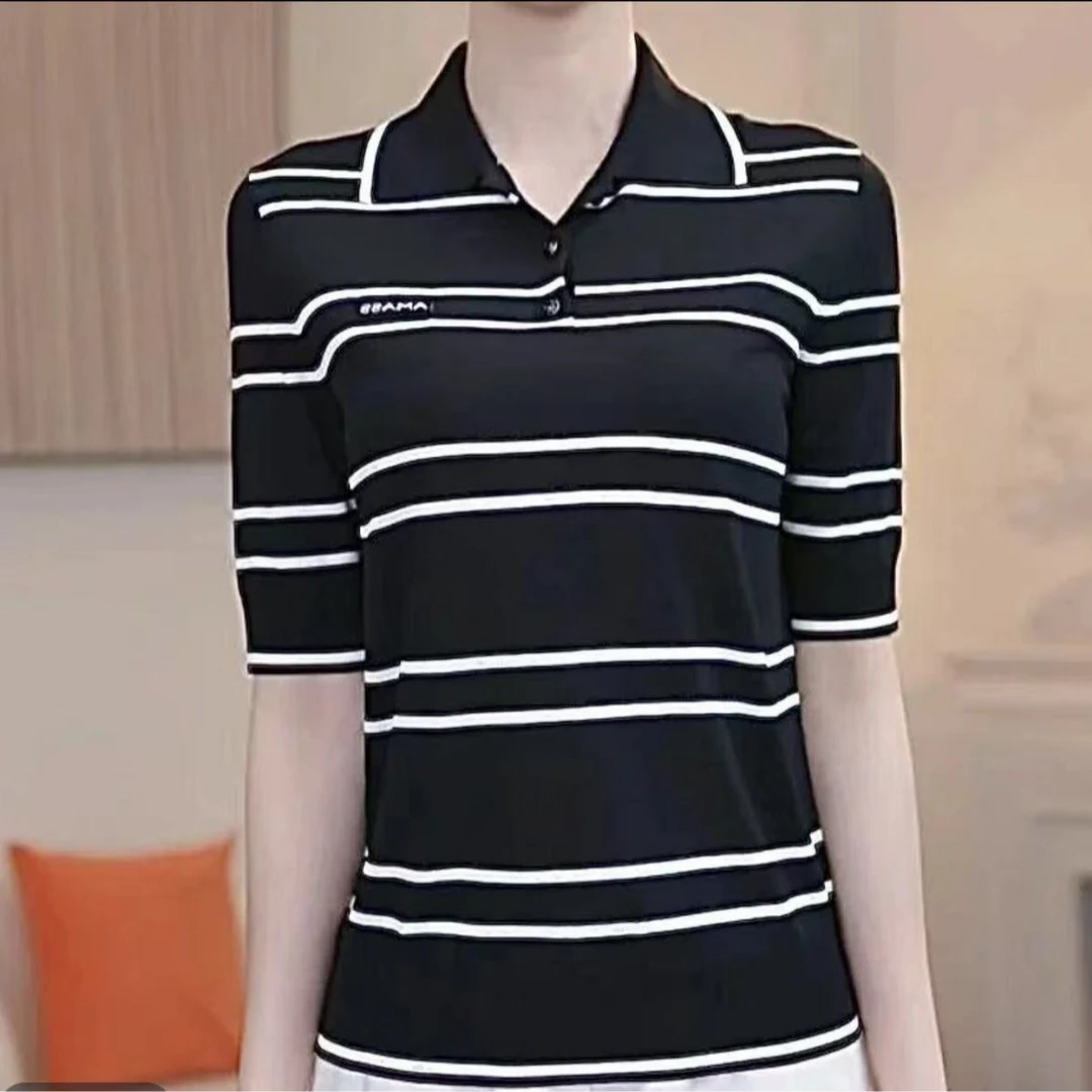 AMASS/阿玛施新款质感经典时尚百搭显瘦针织T恤538009黑色条纹