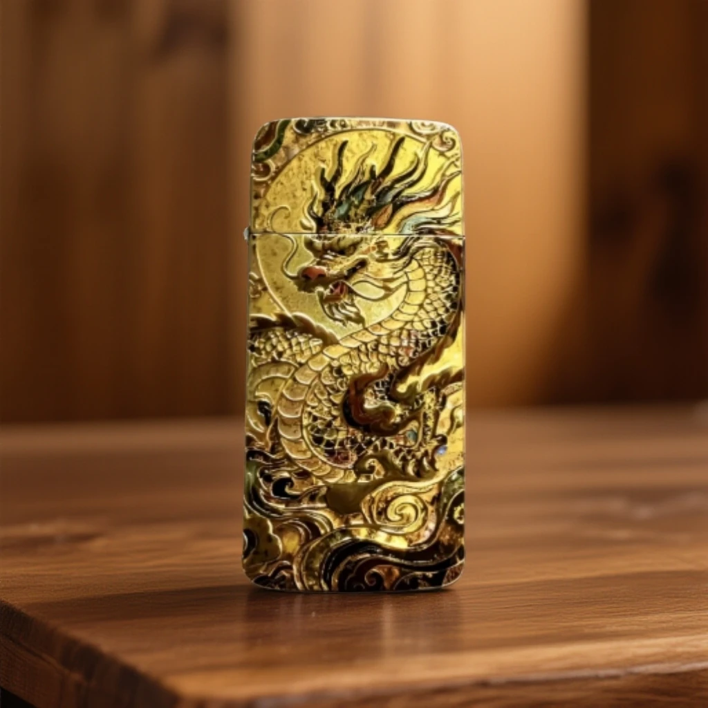超薄鎏金龙凤呈祥创意防风打火机男士礼物(配官方礼盒保卡）D