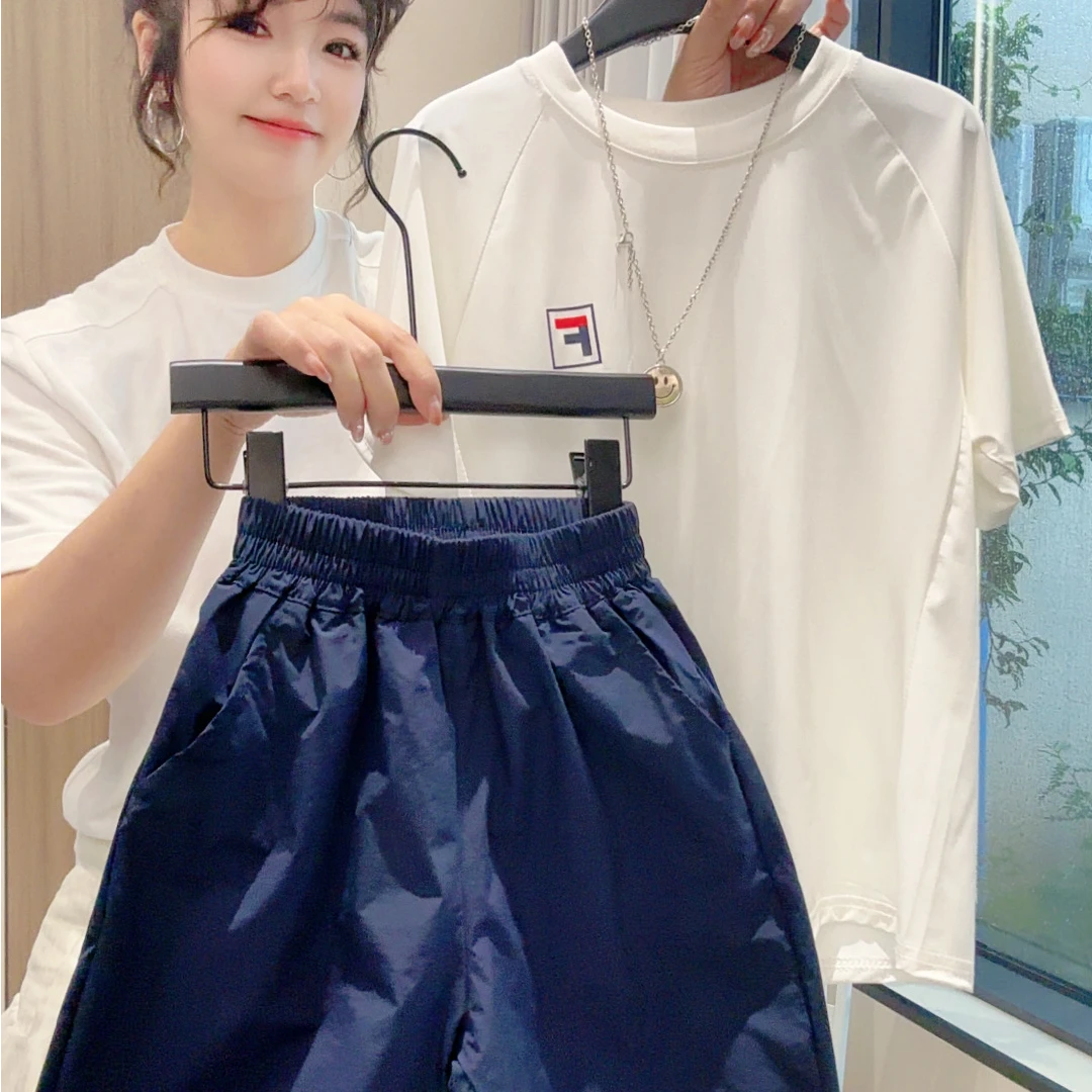 F标新品蓝色白色拼接速干套装衣服男女宝同款夏季休闲圆领MZ