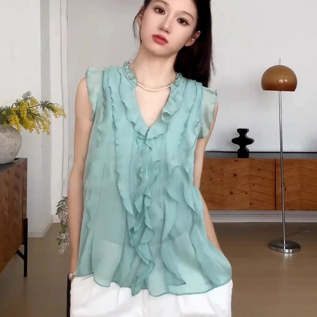 夏季超好看独特漂亮高级感小众不撞衫上衣荷叶边青绿色无袖衬衫女