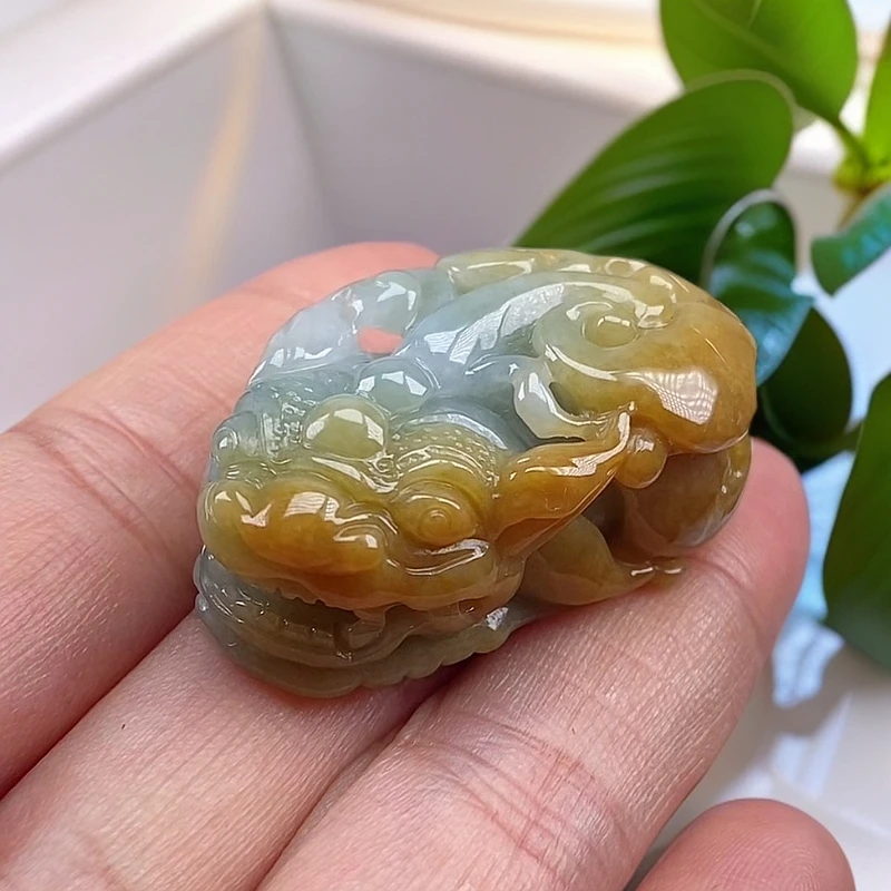 天然翡翠黄翡貔貅招财吊坠项链缅甸A货