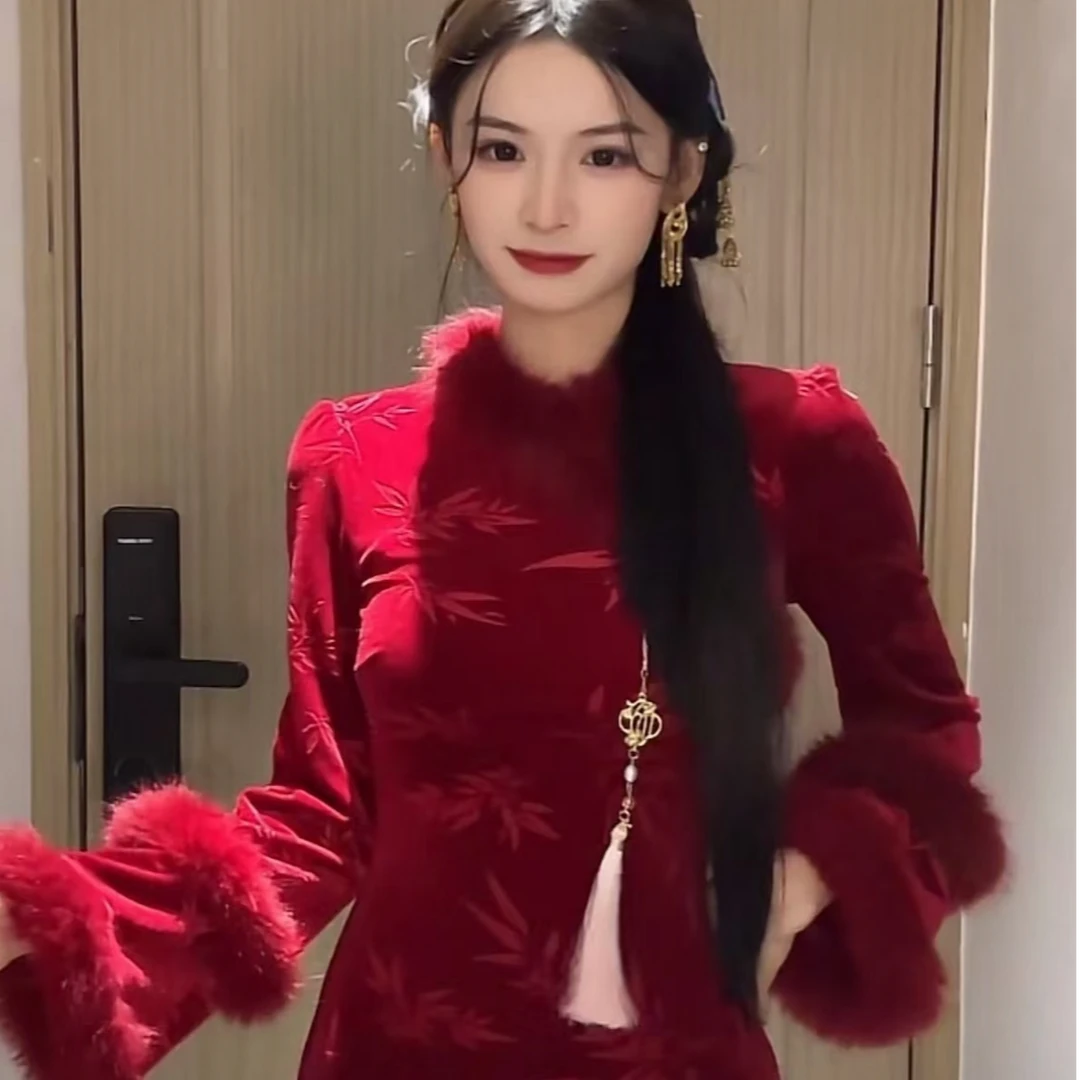 藏白【红昭愿】（加绒）红色丝绒改良旗袍过年战袍-SXRYN408376