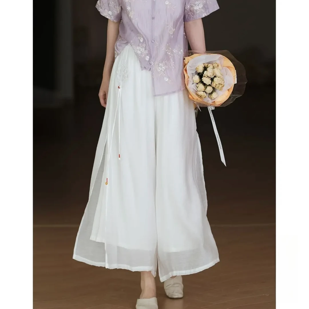 新中式国风复古刺绣宽松气质春夏百搭松紧腰双层轻薄仙女裤阔腿裤