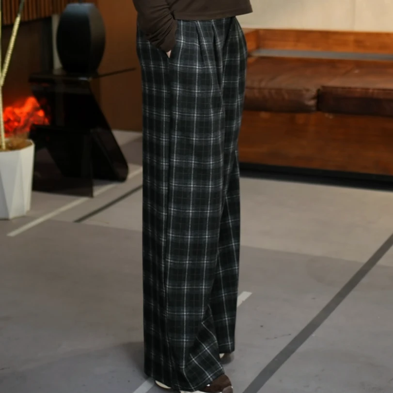 【阿娇私服】冬韩系格纹拼接直筒裤女装阔腿宽松显高显瘦格子长裤