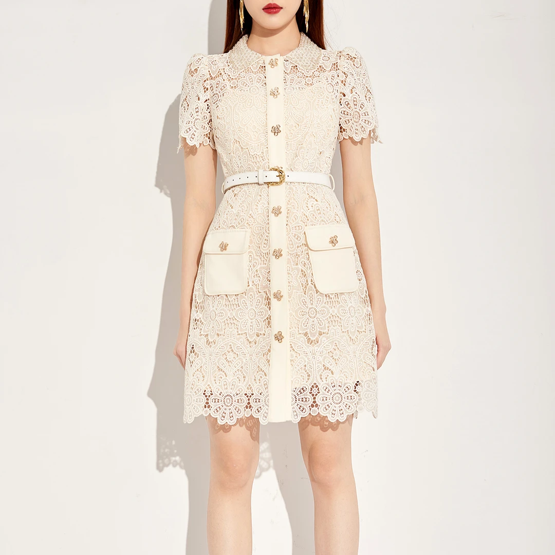 【宠粉专属】AUI杏色蕾丝衬衫连衣裙修身设计师中长裙-23X012376