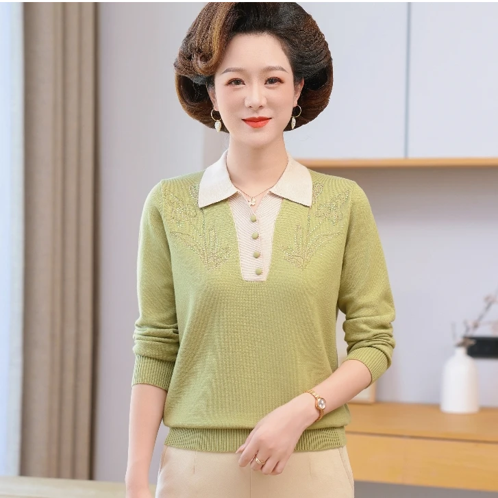 妈妈秋装翻领上衣针织宽松毛衣2024新款时尚洋气中老年长袖打底衫