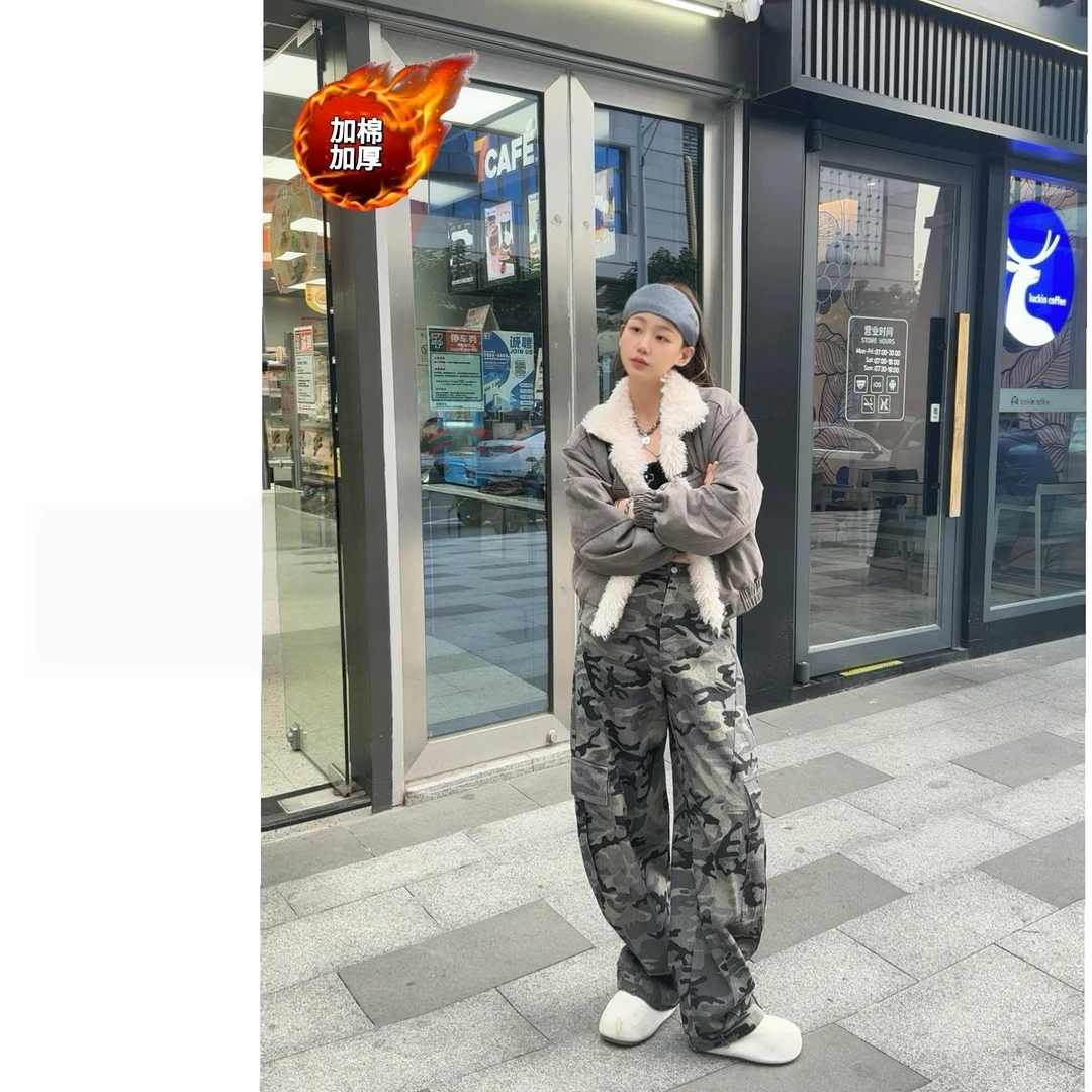 美式复古灰色外套女冬季爆款宽松百搭翻领棉服迷彩弯刀裤套装