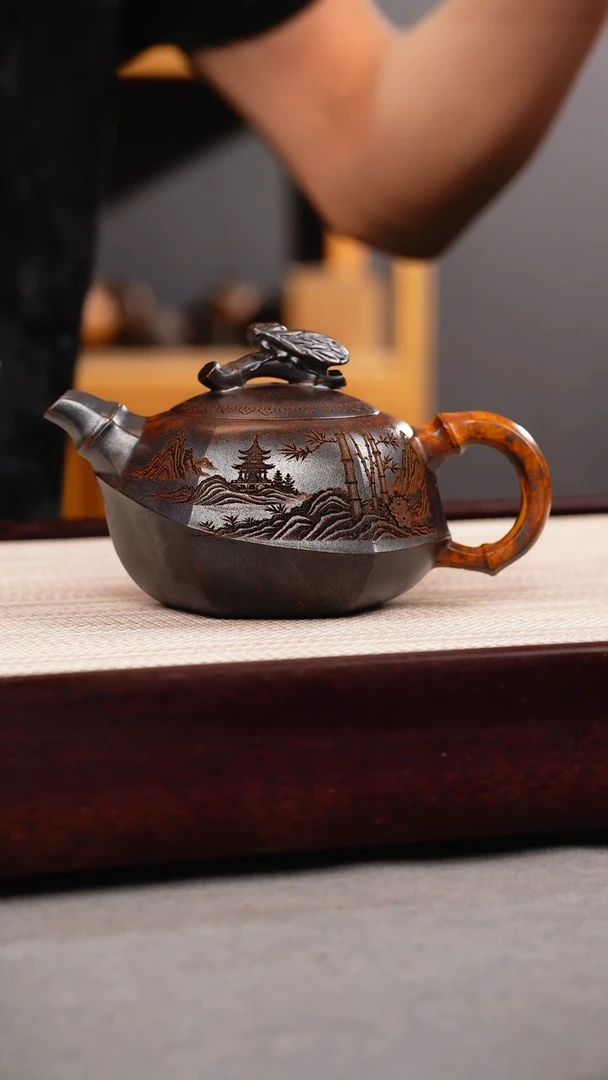 茶壶紫砂龙骨金砂 知足常乐 刻绘