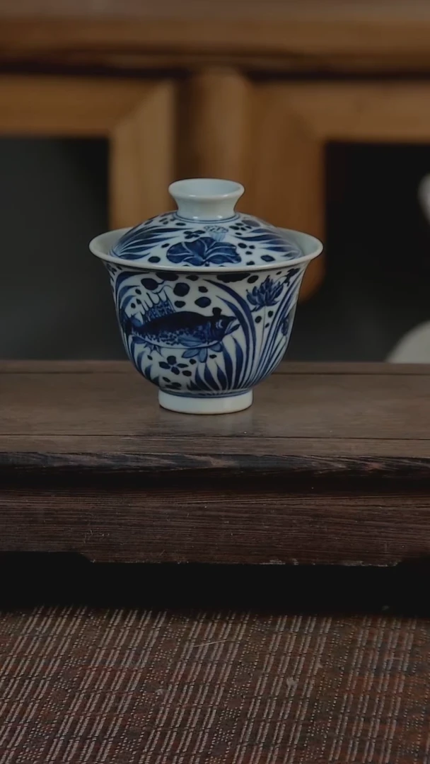 【闪购商品】折葵非器手工手绘鱼藻纹两才盖碗
