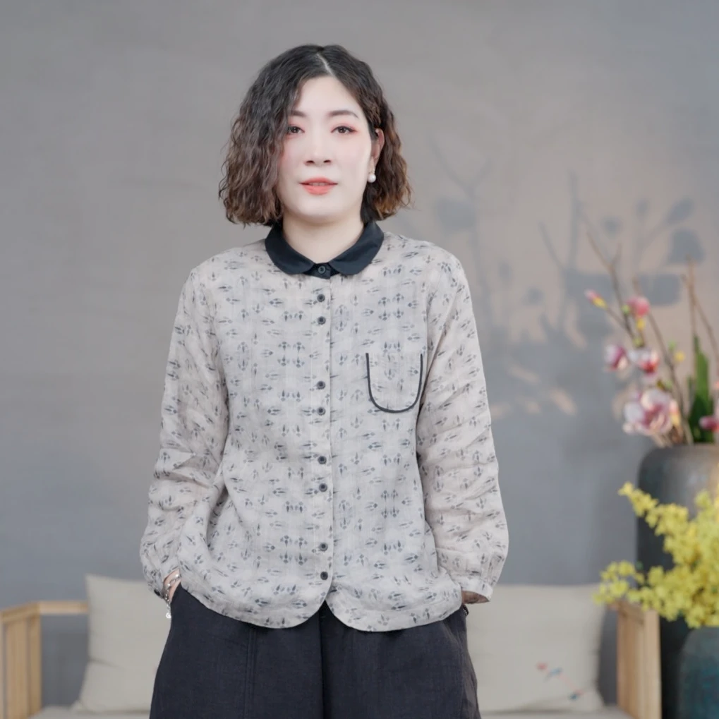 【悦兮】春季新款苎麻小衫妈妈装碎花百搭宽松文艺洋气显瘦衬衫2506