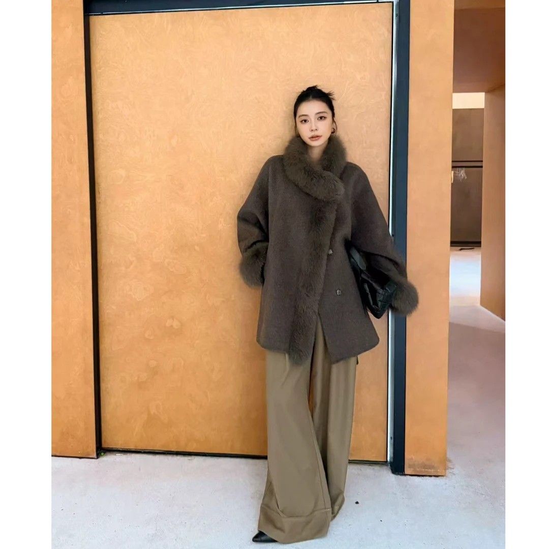 2025秋冬新款双面呢大衣中长款毛领呢子外套女S711181