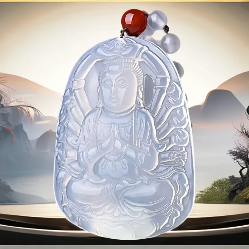 天然冰透玛瑙玉髓千手观音菩萨吊坠守护神男女中式玛瑙吊坠项链