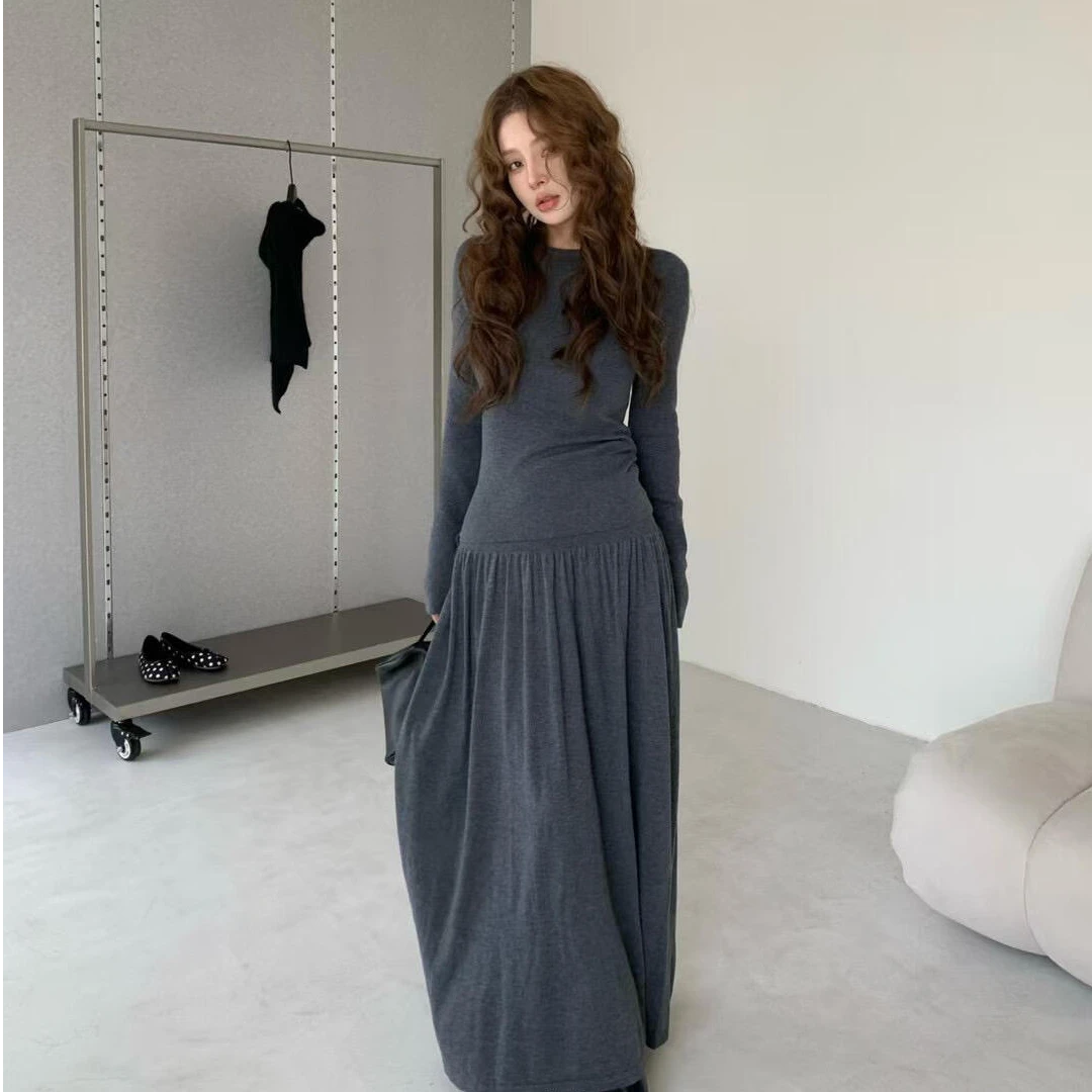 韩版休闲套装裙女秋季2025新款显瘦灰色长袖上衣高腰半身裙两件套