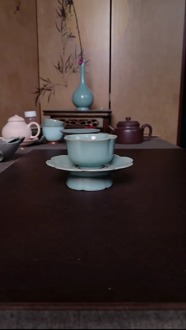 摆件瓷汝窑天青盏托