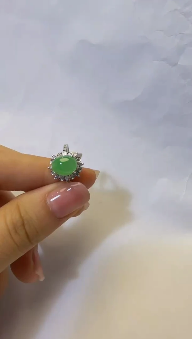 银S925镶嵌戒指翡翠925银镶缅甸A货翡翠戒指【65】