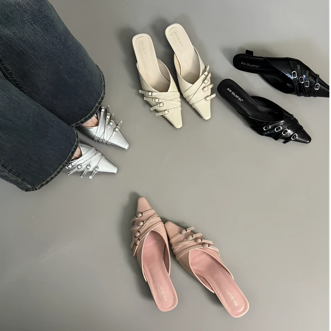 梦梦家/GUIFEI S37-6 2025SS猫跟尖头半拖韩系高级设时髦包头拖