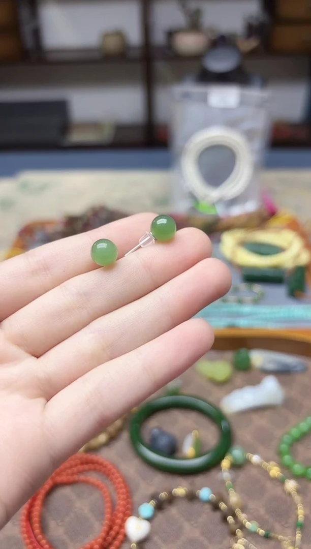 银S925镶嵌和田玉耳饰s925银和田玉耳钉XEZB