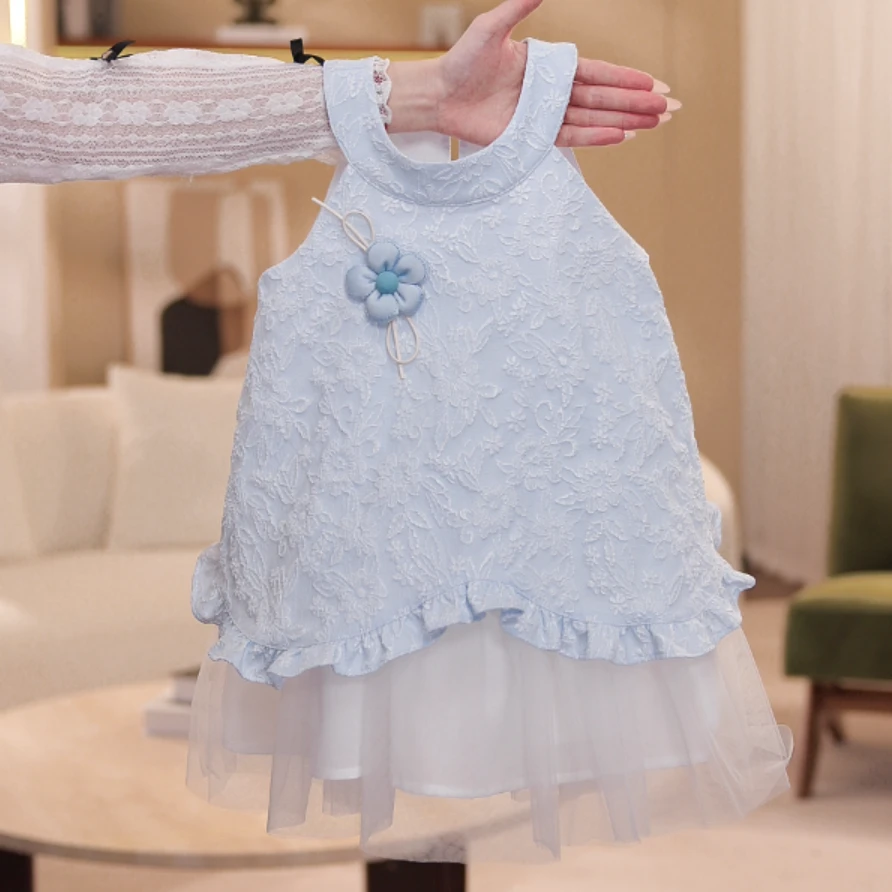 夏季韩系童装清新蓝色设计感无袖花朵吊带裙立体提花连衣裙SL0094