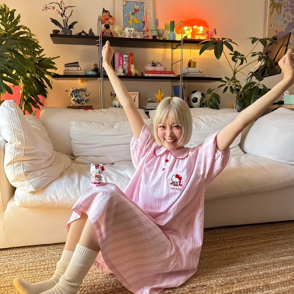 粉色条纹甜美HelloKitty可爱睡衣女夏季新款少女大码家居服套装