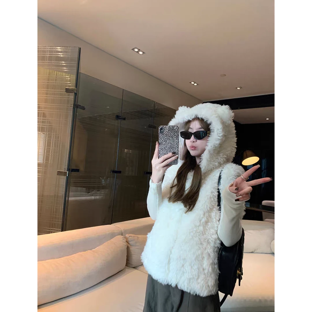 熊耳朵连帽马甲棉服女秋冬新款毛毛短款外套Q 9518#