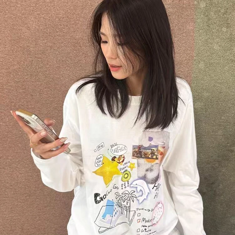 2025早秋高级感chic别致上衣韩系时髦图案插画印花白色长袖T恤女