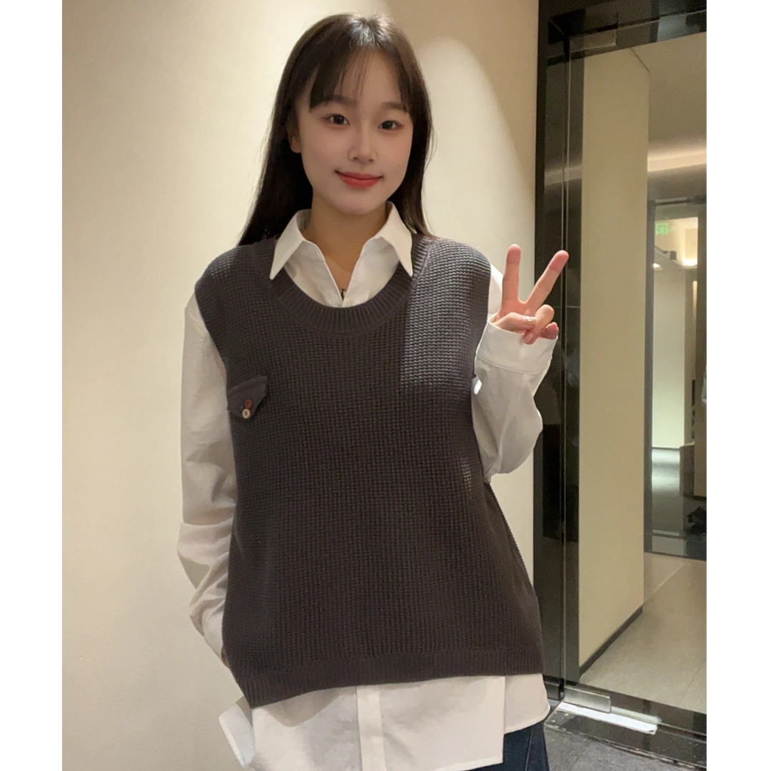 2025秋冬新款圆领老钱风套头款休闲极简风宽松型针织马夹女装显瘦