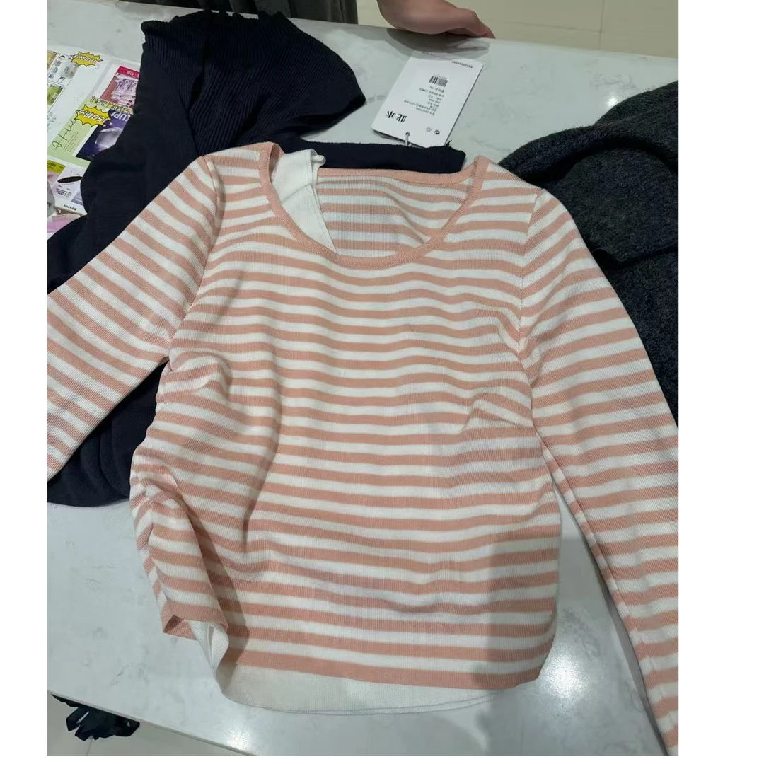 假两件设计条纹拼色时尚针织衫90002