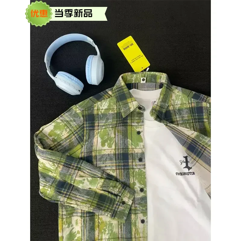 2025春夏美式vintage扎染衬衫男长袖宽松格子衬衣潮牌痞帅外套