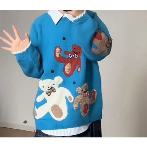 夏夏季毛衣圆领套头时尚女装长袖针织衫上衣新款洋气衣服女蓝色