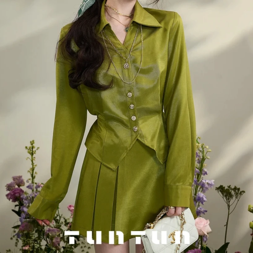 小众设计【遗落凡间 绿色】春季小众设计感收腰气质显瘦衬衫