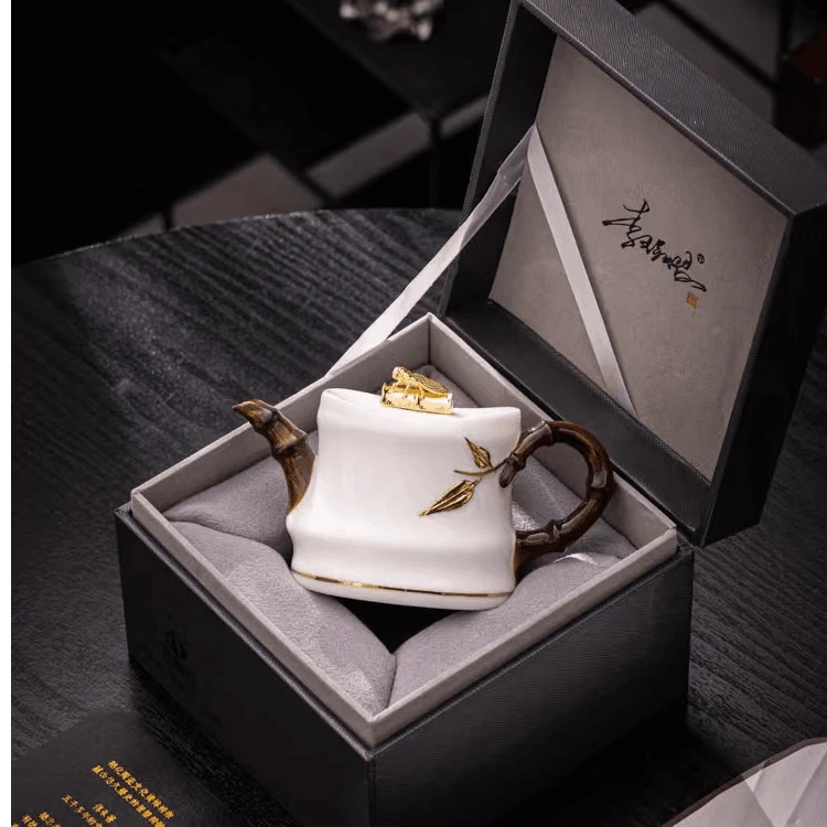 2【李辉熠大师】高档羊脂玉瓷浮雕金蝉壶家用泡茶壶陶瓷茶具简约茶