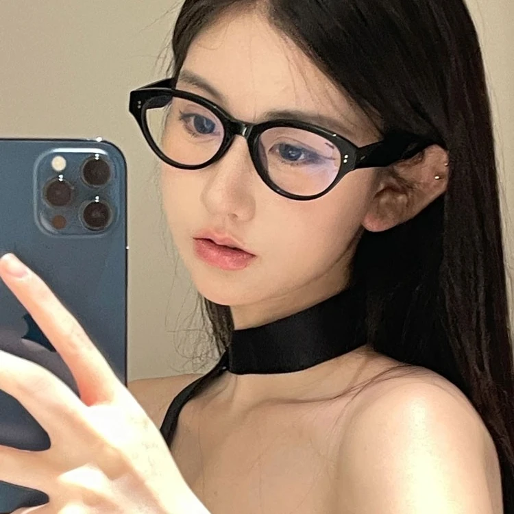 椭圆框猫眼黑框眼镜女素颜神器小框小框菱形脸眼睛近视镜御姐性感