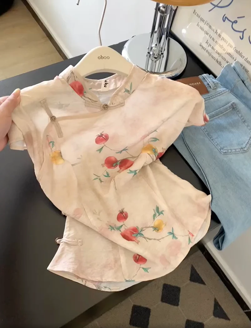 新款新中式石榴花无袖衬衫女夏季国风斜襟盘扣小飞袖旗袍上衣2025