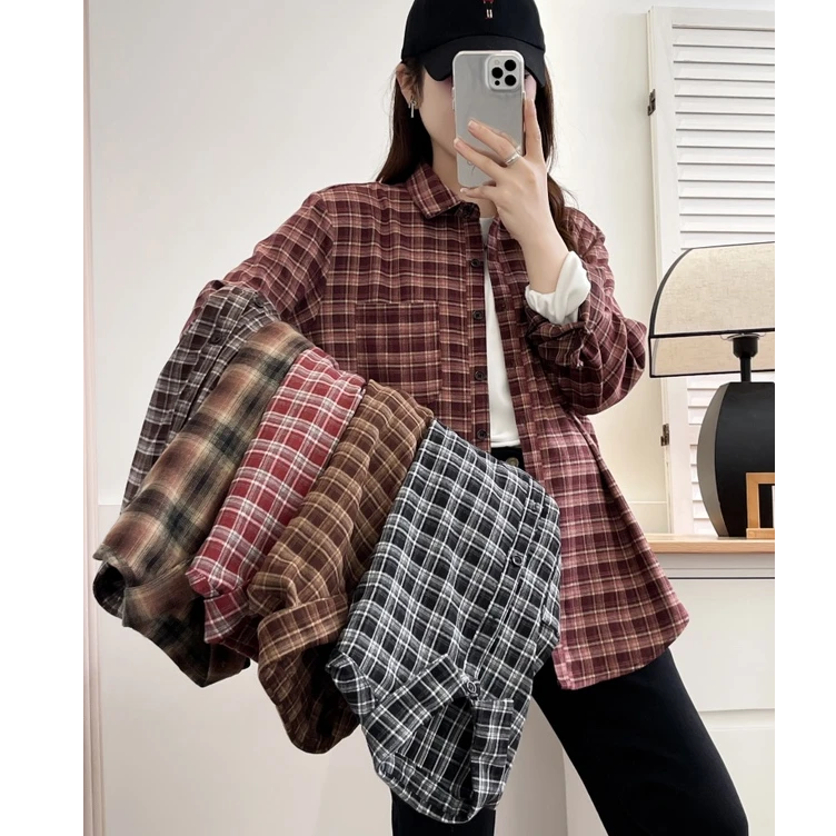 新款韩系港味格子翻领衬衫女春秋季复古减龄宽松休闲长袖衬衣上衣