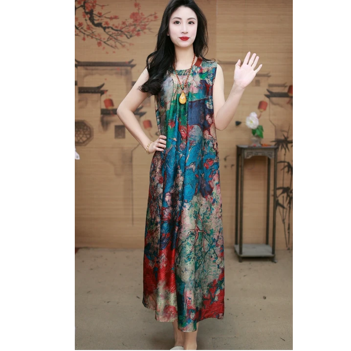 妮可【七彩祥瑞】2025年春夏新款收腰显瘦长款女连衣裙2535-2无袖