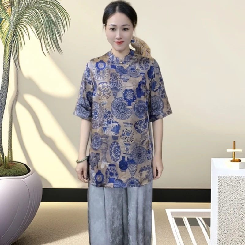 江南鑫雅阁【蓝 瓷】夏季日常女装国风上衣英伦风新中式奥黛妈妈装