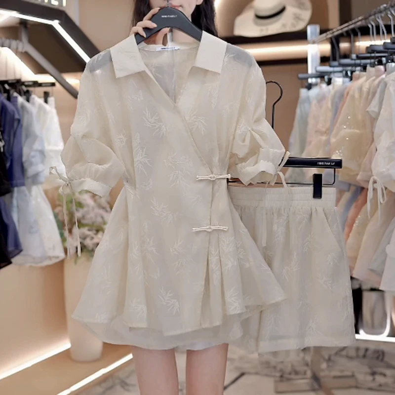 2025夏季爆款三件套新中式国风小众气质短袖衬衫短裤套装女不撞款