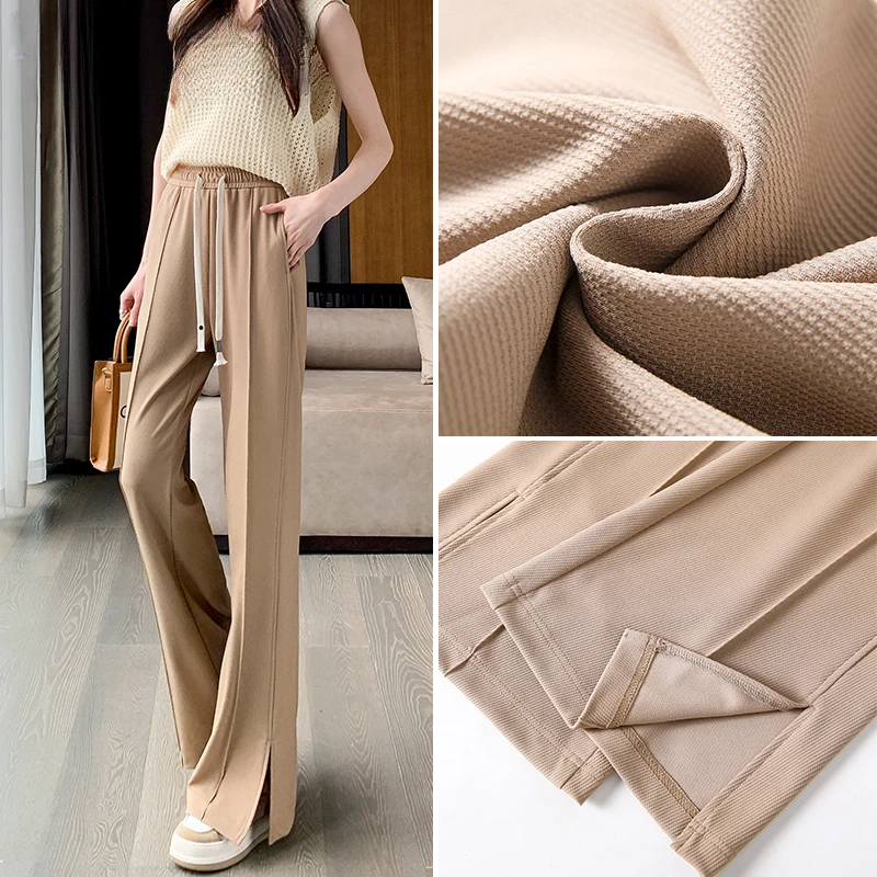 时尚垂感开叉阔腿裤女2022春季新款垂顺高腰显瘦显高休闲宽松长裤