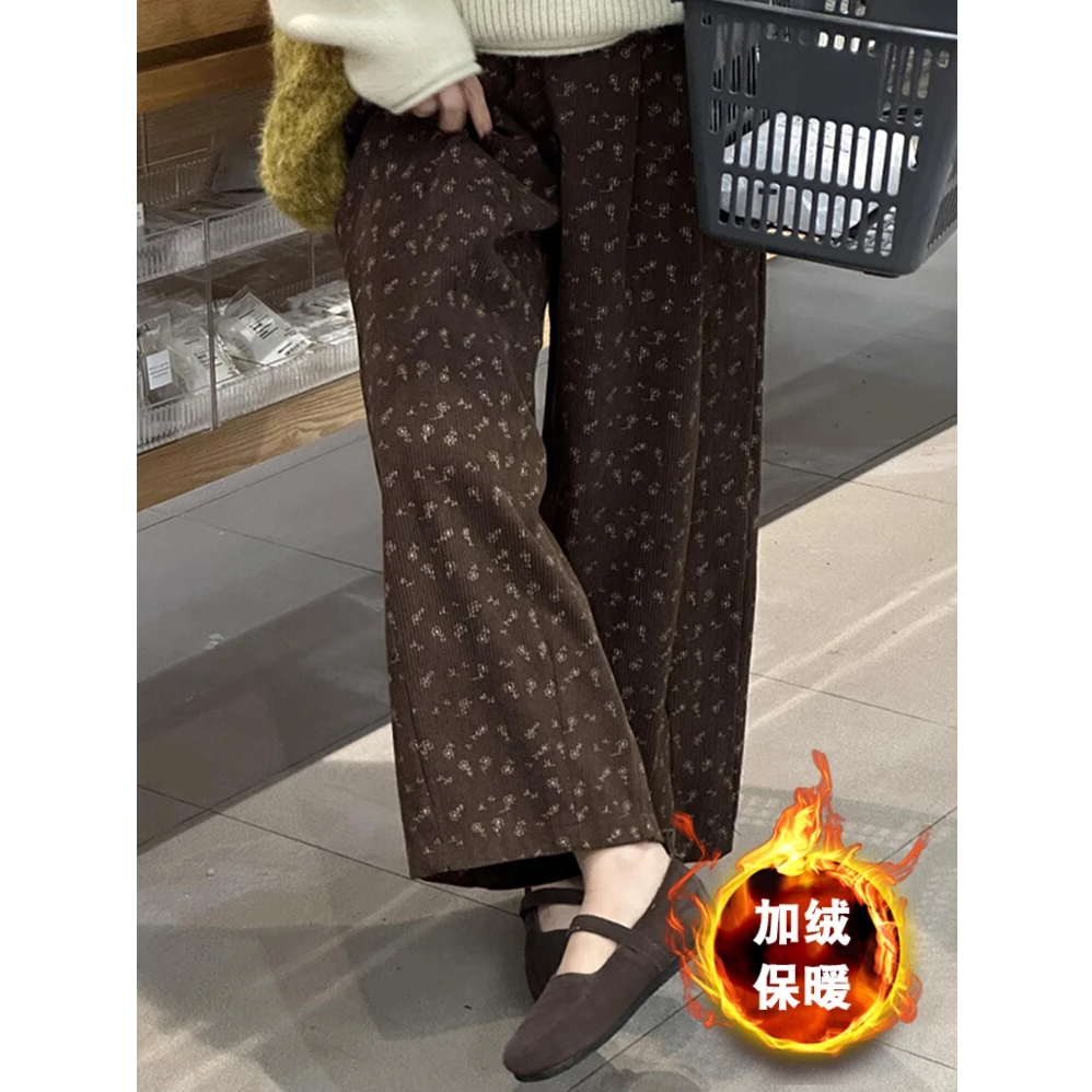 美拉德碎花休闲裤女秋冬加绒大码胖mm小个子高腰九分灯芯绒阔腿裤