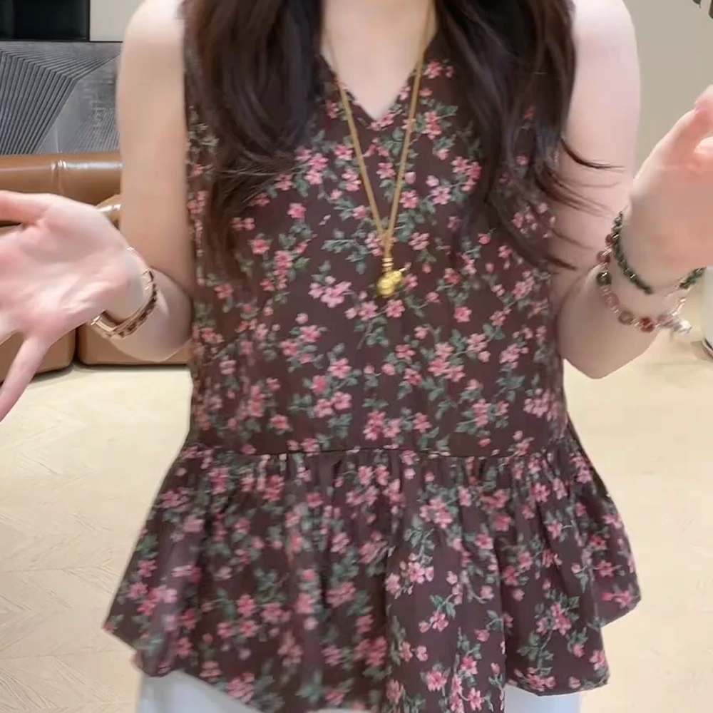 夏季法式V领碎花提花无袖上衣复古C5290