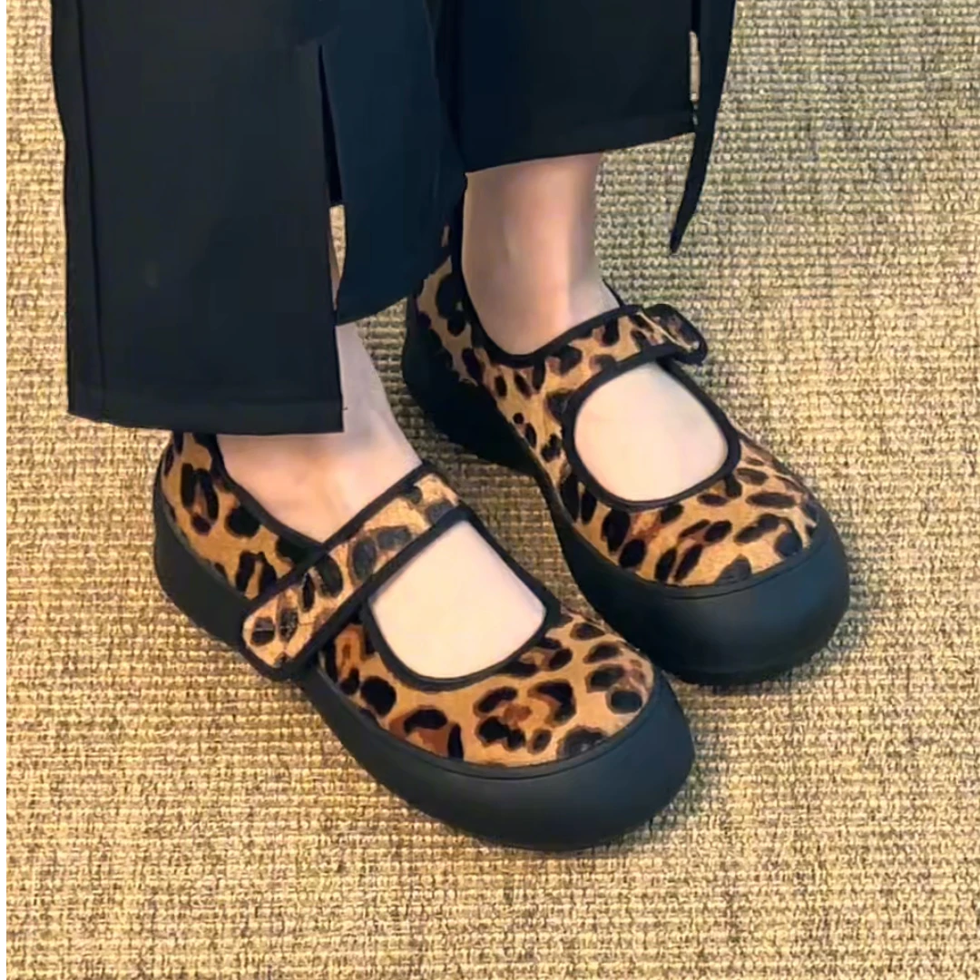 nnmiss·34-40/5.5cm时尚豹纹圆头魔术贴复古牛皮厚底玛丽珍单鞋