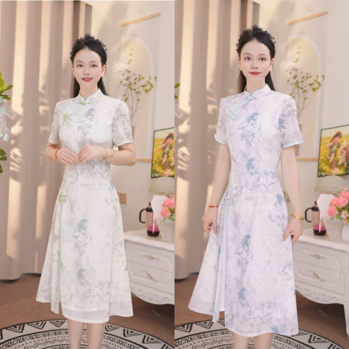 夏季显瘦国风新中式改良中长送考奥黛旗袍裙新款日常连衣裙  初夏