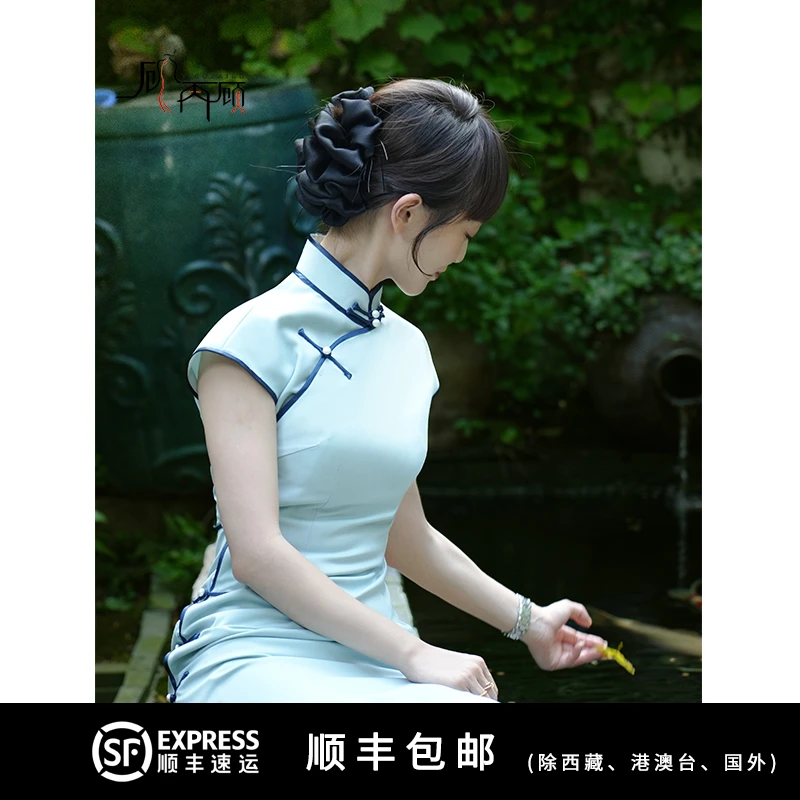 孤舟/一顾再顾旗袍裙子女款爆款2025新款日常古法全开襟长款蓝色