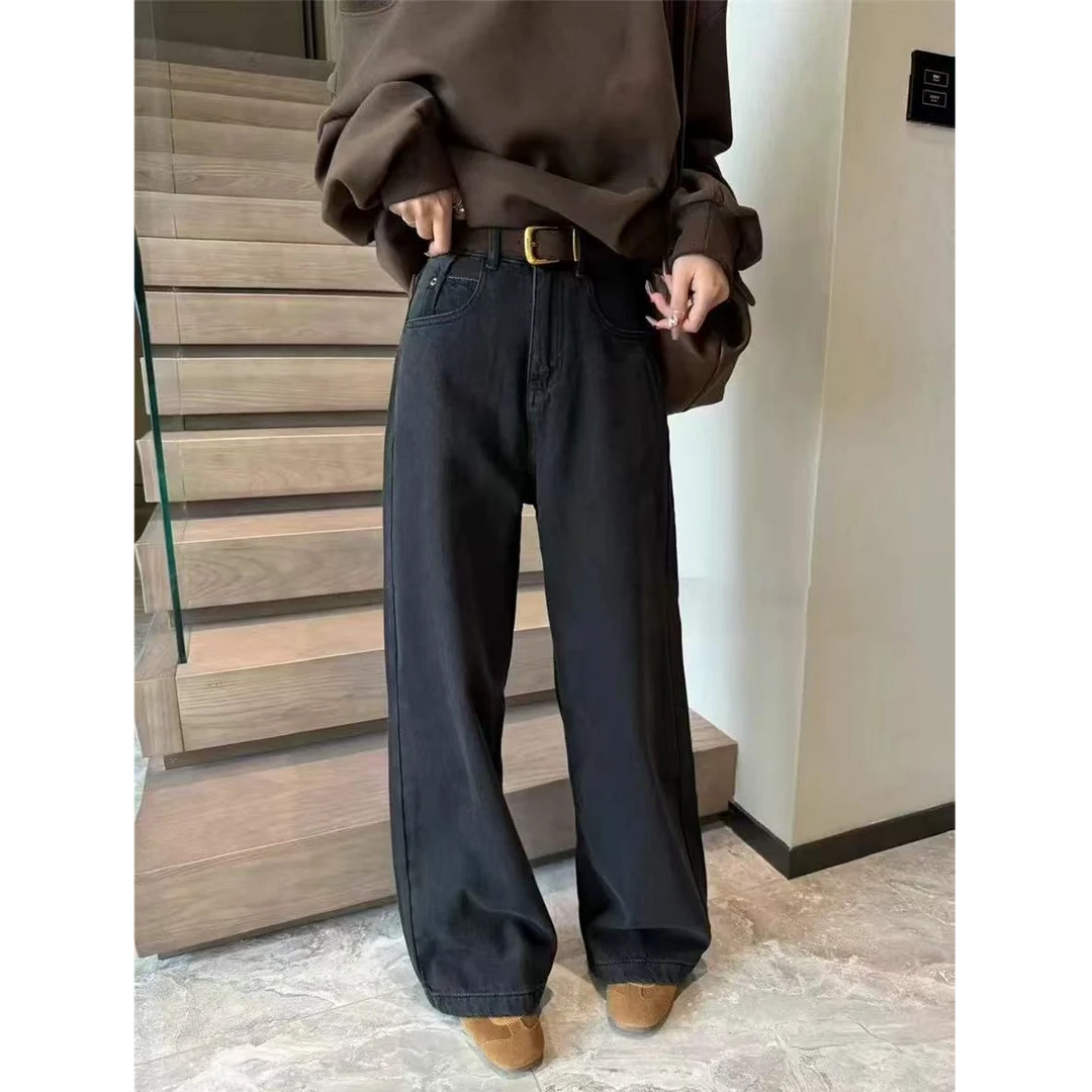 9508#加绒加厚显高直筒牛仔裤女新款高腰宽松垂感小个子阔腿裤