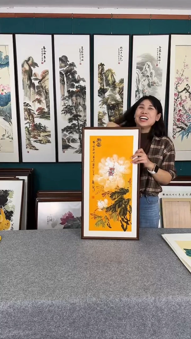 国画牡丹实木装裱35*68