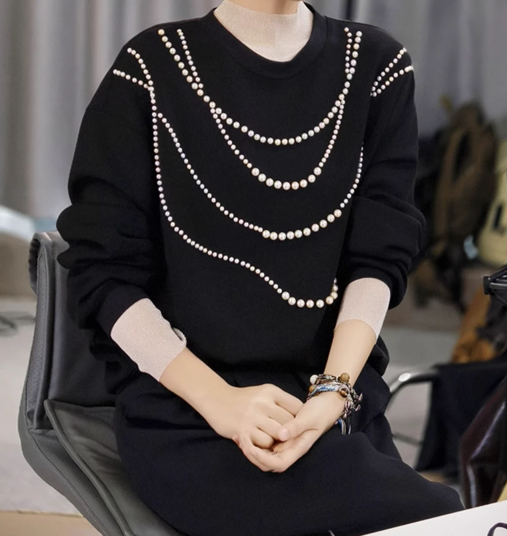 漂亮羊 珍珠卫衣 重工美物！手工钉珠休闲简约圆领上衣