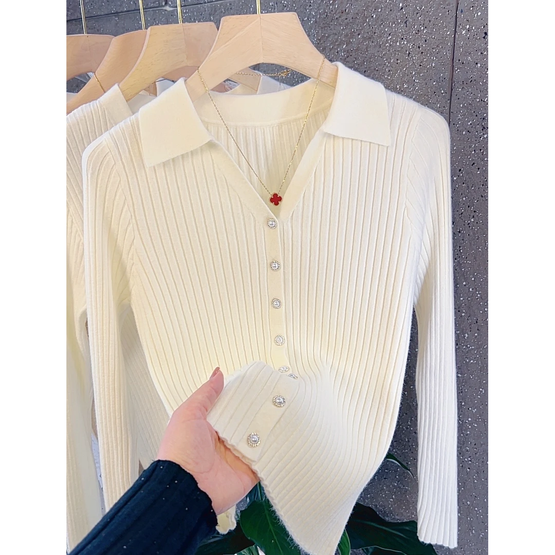 polo领针织开衫翻领坑条修身洋气百搭显瘦针织开衫毛衣外套女