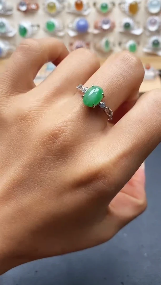 银S925镶嵌戒指翡翠缅甸天然A货翡翠1 2-7