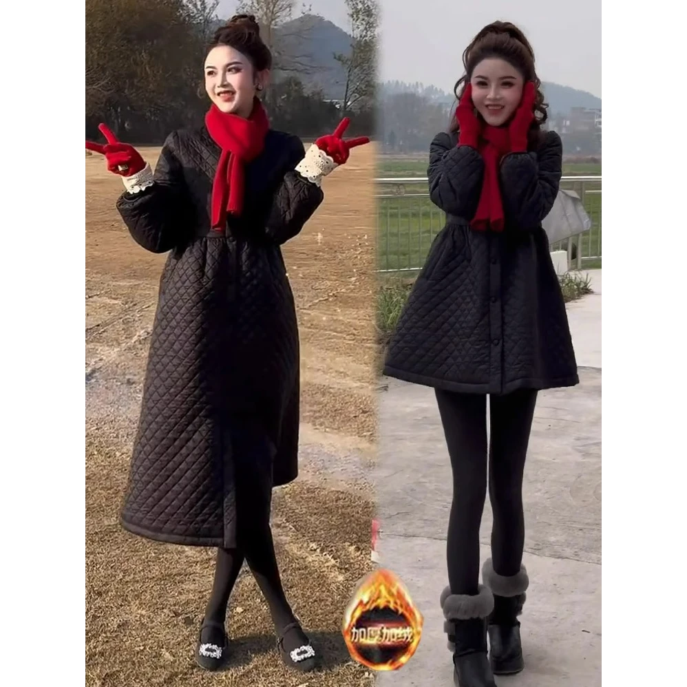 加绒加厚棉服女2024冬季新款时髦洋气收腰显瘦中长款菱形夹棉上衣