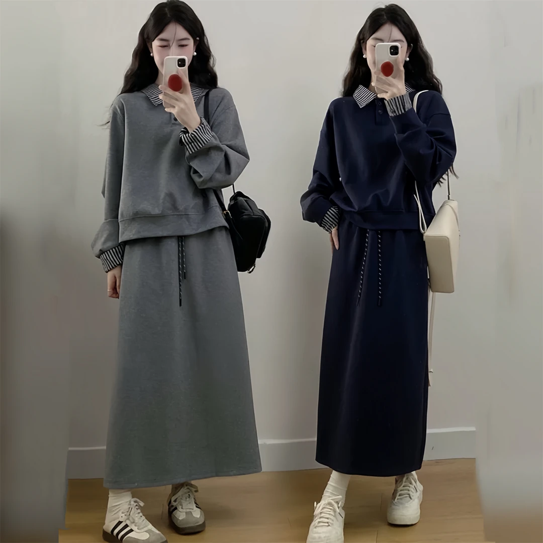 5168现货秋冬季套装女装休闲风轻熟风衬衣翻领上衣加半身裙两件套